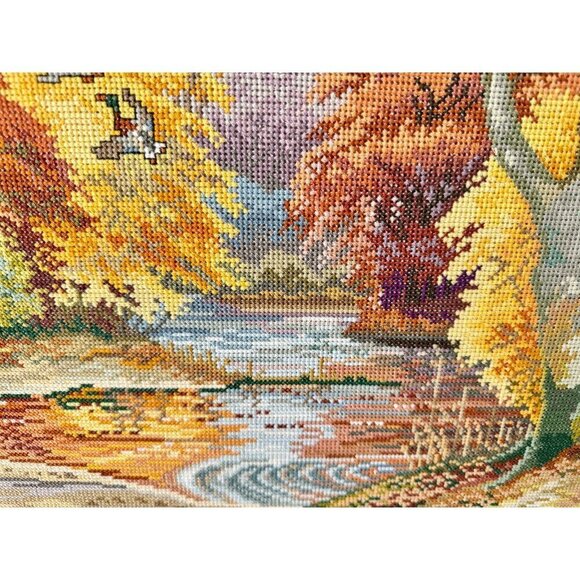 1997 Vintage Embroidered Picture Forest Lake Art With Wooden Frame 30" L x 25" H - Picture 6 of 16